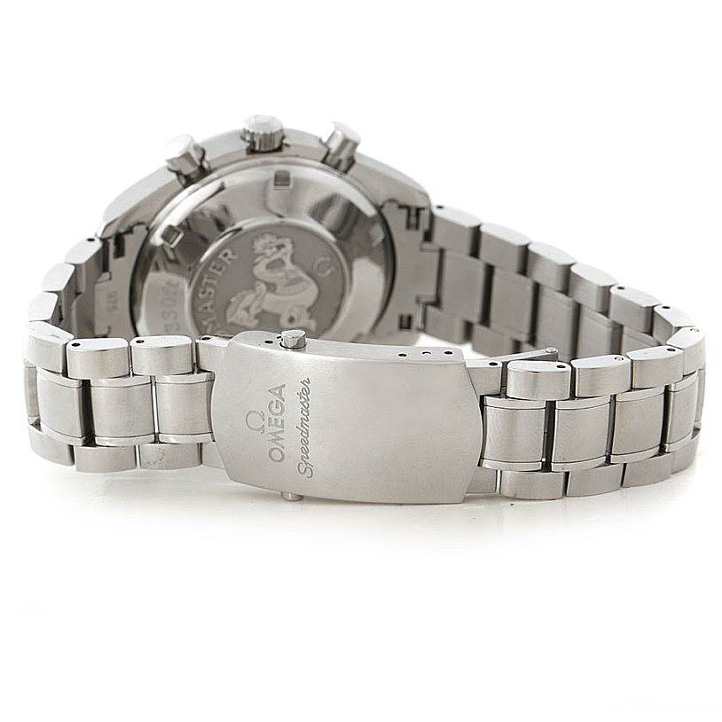 This image shows the clasp and case back of the Omega Speedmaster 3211.31.00 Men
s Stainless Steel Silver Dial 3211.31.00 Men
s Stainless Steel Silver Dial watch, viewed from the rear angle.