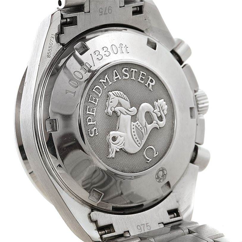This image shows the back case and part of the bracelet of the Omega Speedmaster 3211.31.00 Men
s Stainless Steel Silver Dial 3211.31.00 Men
s Stainless Steel Silver Dial watch, highlighting its engraving.