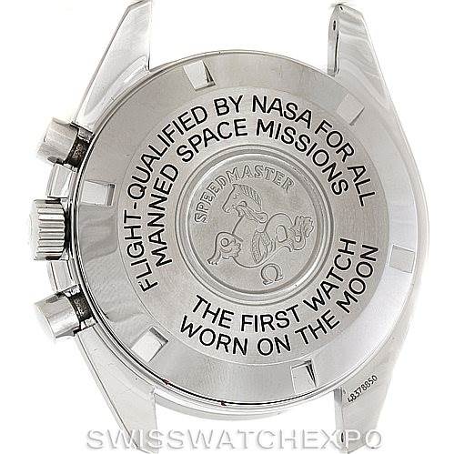 The image shows the case back of an Omega Speedmaster 3570.50.00 Men
s Stainless Steel Black Dial 3570.50.00 Men
s Stainless Steel Black Dial watch, highlighting the NASA flight qualification and Moon watch engraving.