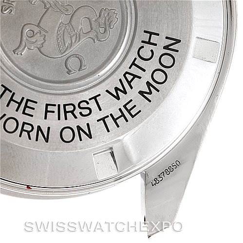 The image shows the back case of an Omega Speedmaster 3570.50.00 Men
s Stainless Steel Black Dial 3570.50.00 Men
s Stainless Steel Black Dial watch, featuring engravings including "THE FIRST WATCH WORN ON THE MOON."