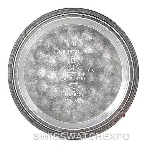 This image shows the interior case back of an Omega Speedmaster 3570.50.00 Men
s Stainless Steel Black Dial 3570.50.00 Men
s Stainless Steel Black Dial watch, highlighting its engraving and texture.