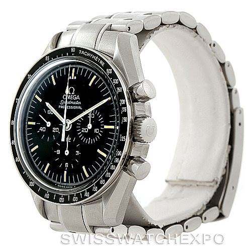 The Omega Speedmaster 3570.50.00 Men
s Stainless Steel Black Dial 3570.50.00 Men
s Stainless Steel Black Dial watch is shown at a slight angle, highlighting the face, bezel, and part of the bracelet.