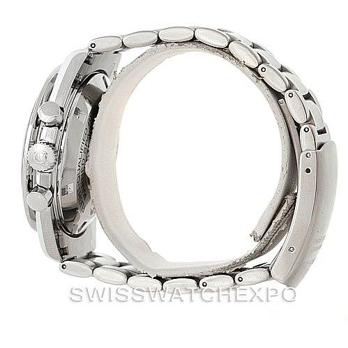 The image shows a side view of an Omega Speedmaster 3570.50.00 Men
s Stainless Steel Black Dial 3570.50.00 Men
s Stainless Steel Black Dial watch, highlighting the case, crown, pushers, and a portion of the bracelet.