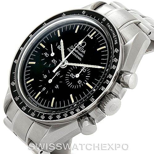 The Omega Speedmaster 3570.50.00 Men
s Stainless Steel Black Dial 3570.50.00 Men
s Stainless Steel Black Dial watch is shown at a tilted angle, highlighting the face, bezel, pushers, and part of the bracelet.