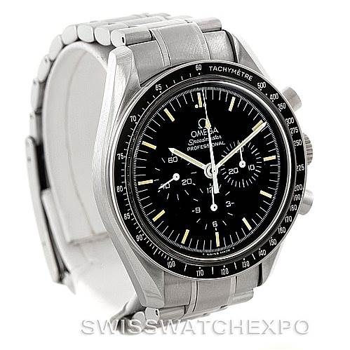 The image shows the Omega Speedmaster 3570.50.00 Men
s Stainless Steel Black Dial 3570.50.00 Men
s Stainless Steel Black Dial watch from a front-left angle, highlighting the black dial, tachymeter bezel, and stainless steel bracelet.