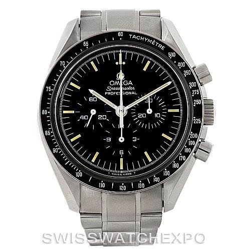 The image shows a front view of the Omega Speedmaster 3570.50.00 Men
s Stainless Steel Black Dial 3570.50.00 Men
s Stainless Steel Black Dial Professional watch, highlighting its black dial and stainless steel bracelet.