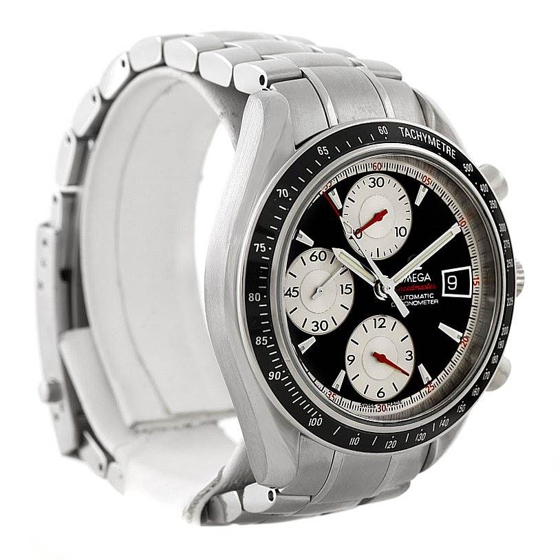 The Omega Speedmaster 3210.51.00 Men
s Stainless Steel Black Dial 3210.51.00 Men
s Stainless Steel Black Dial watch is shown at a three-quarter angle, displaying the face, dials, case, and metal bracelet.