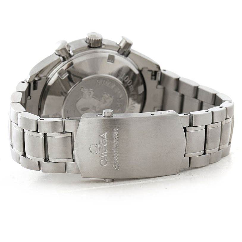 The image shows the back case and clasp of an Omega Speedmaster 3210.51.00 Men
s Stainless Steel Black Dial 3210.51.00 Men
s Stainless Steel Black Dial watch in a stainless steel finish.