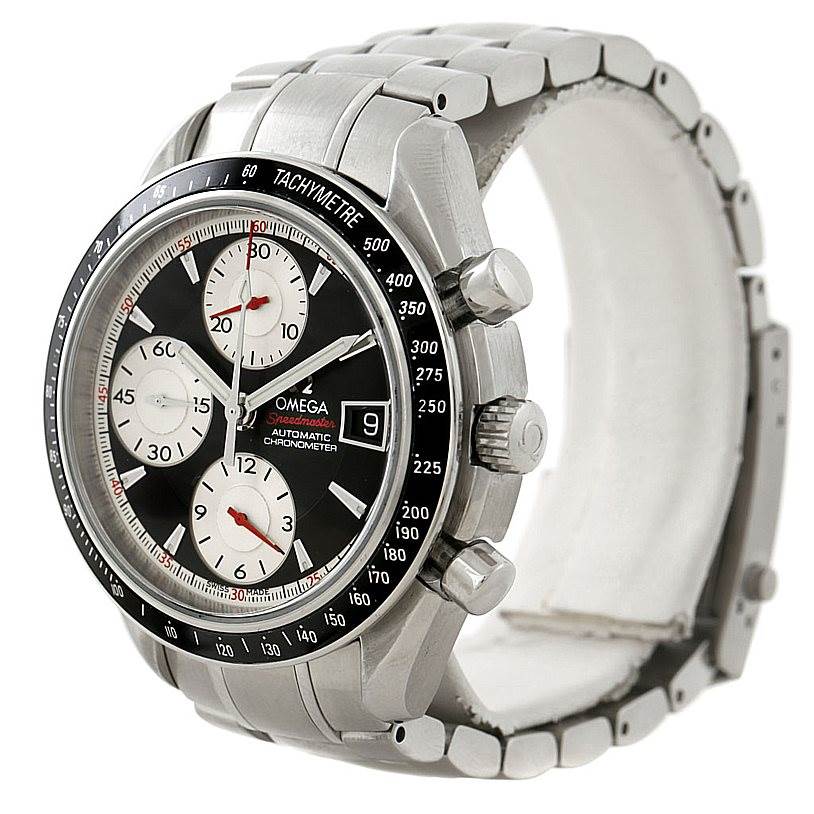 The image shows a side angle of the Omega Speedmaster 3210.51.00 Men
s Stainless Steel Black Dial 3210.51.00 Men
s Stainless Steel Black Dial watch, highlighting its bezel, pushers, crown, and bracelet.