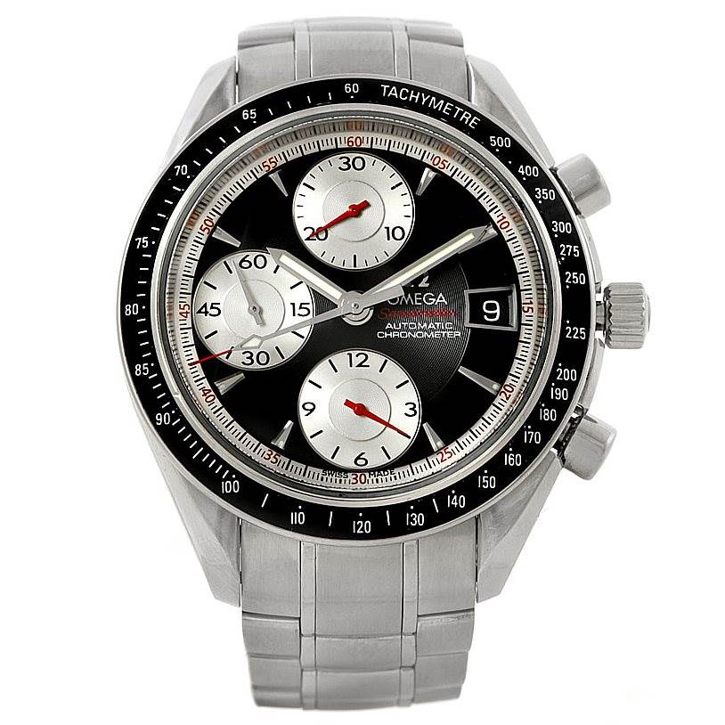 Front view of the Omega Speedmaster 3210.51.00 Men
s Stainless Steel Black Dial 3210.51.00 Men
s Stainless Steel Black Dial watch, showcasing the dial, tachymeter bezel, subdials, and stainless steel bracelet.