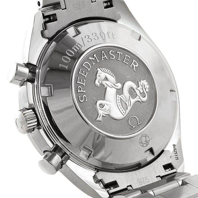 The image shows the case back and part of the bracelet of an Omega Speedmaster 3210.51.00 Men
s Stainless Steel Black Dial 3210.51.00 Men
s Stainless Steel Black Dial, displaying its embossed logo and water resistance details.