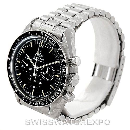 This image shows an Omega Speedmaster Men
s Stainless Steel Black Dial Men
s Stainless Steel Black Dial watch at an angle that displays its face, crown, pushers, and stainless steel bracelet.