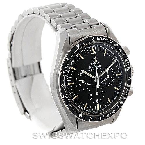 The image shows an Omega Speedmaster Men
s Stainless Steel Black Dial Men
s Stainless Steel Black Dial watch at a slight angle, highlighting the face, tachymeter bezel, and metal bracelet.
