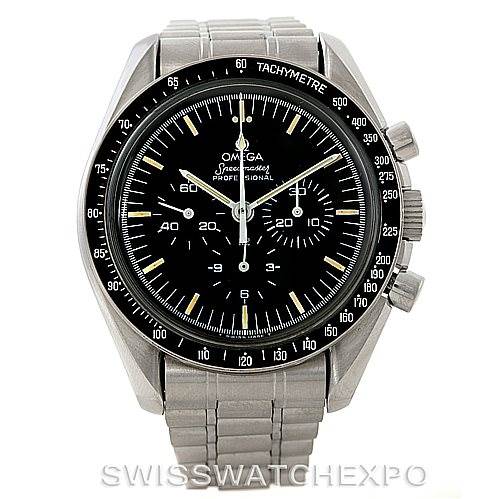 The image shows a front view of the Omega Speedmaster Men
s Stainless Steel Black Dial Men
s Stainless Steel Black Dial watch, displaying its dial, bezel, and part of the bracelet.