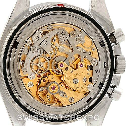 This image shows the intricate mechanics of the Omega Speedmaster Men
s Stainless Steel Black Dial Men
s Stainless Steel Black Dial model watch from a back view, displaying its movement.