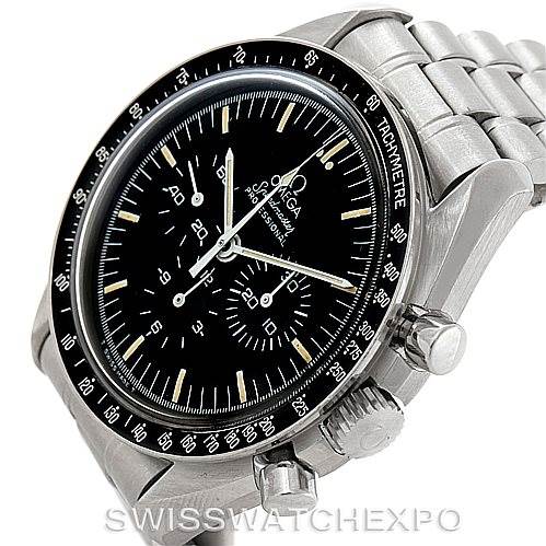 The image shows an Omega Speedmaster Men
s Stainless Steel Black Dial Men
s Stainless Steel Black Dial watch angled from the front-right, highlighting the dial, bezel, and part of the bracelet.