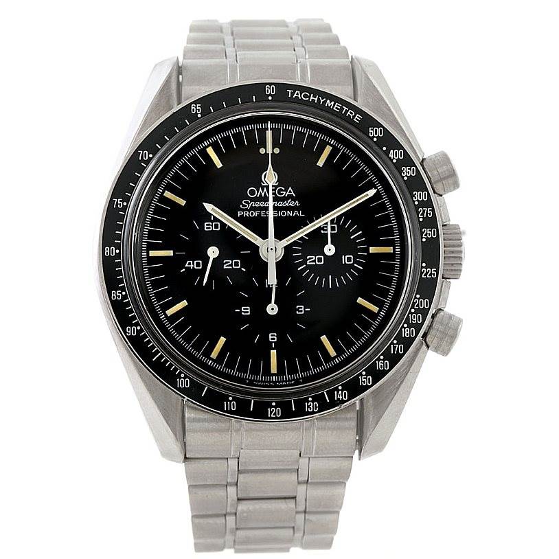 The image shows a frontal view of an Omega Speedmaster Men
s Stainless Steel Black Dial Men
s Stainless Steel Black Dial watch, displaying the dial, bezel, and bracelet.