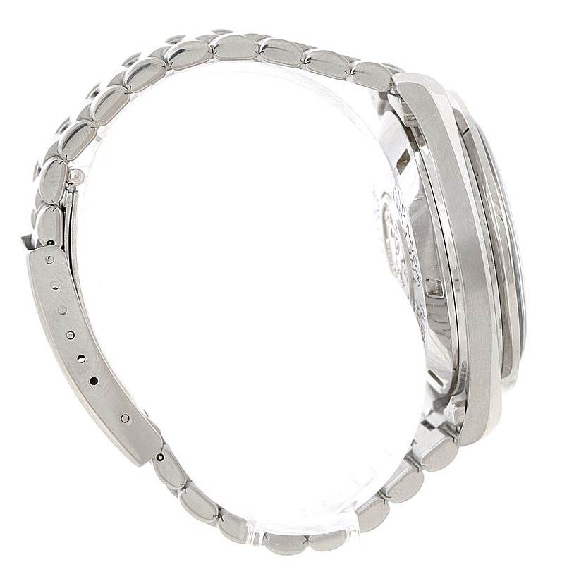 The image shows a side view of an Omega Speedmaster Men
s Stainless Steel Black Dial Men
s Stainless Steel Black Dial watch, highlighting its stainless steel bracelet and case.