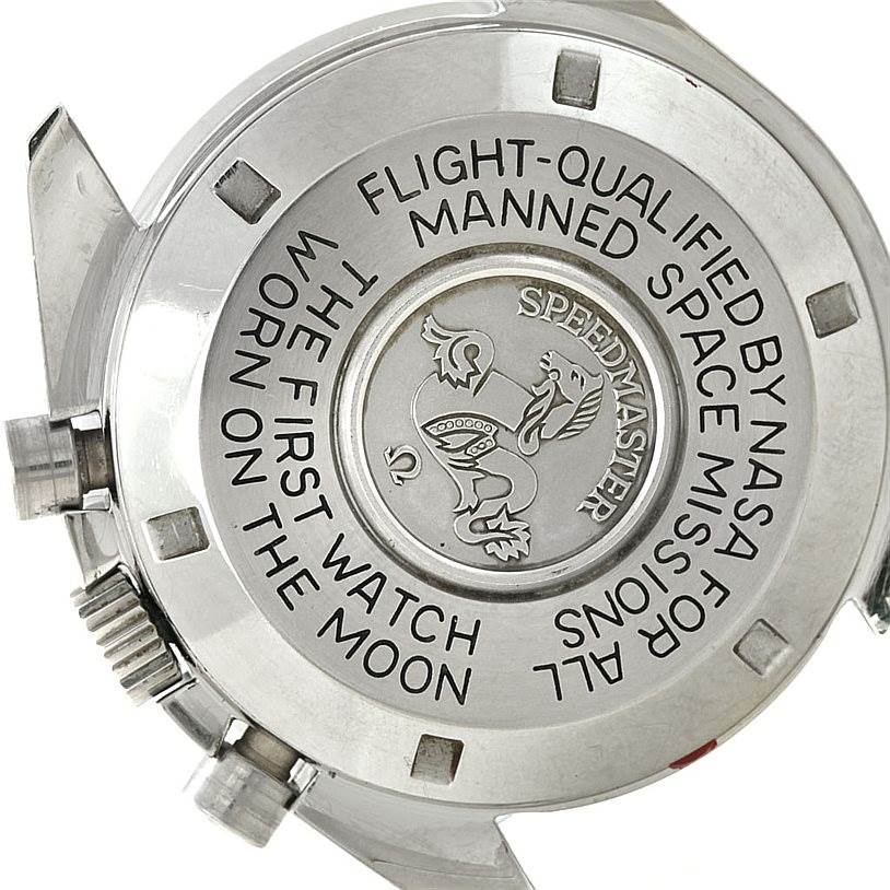 This image shows the case back of an Omega Speedmaster Men
s Stainless Steel Black Dial Men
s Stainless Steel Black Dial watch, highlighting the engraved text and emblem.