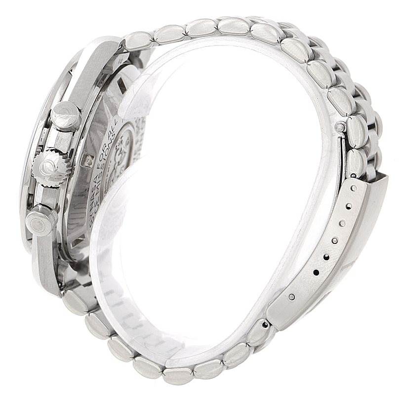 This side-angle view of the Omega Speedmaster Men
s Stainless Steel Black Dial Men
s Stainless Steel Black Dial shows the side profile, bracelet, pushers, and clasp.