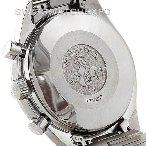 The image shows the back case of an Omega Speedmaster 3510.50.00 Men
s Stainless Steel Black Dial 3510.50.00 Men
s Stainless Steel Black Dial watch, featuring its engraved logo and serial number.