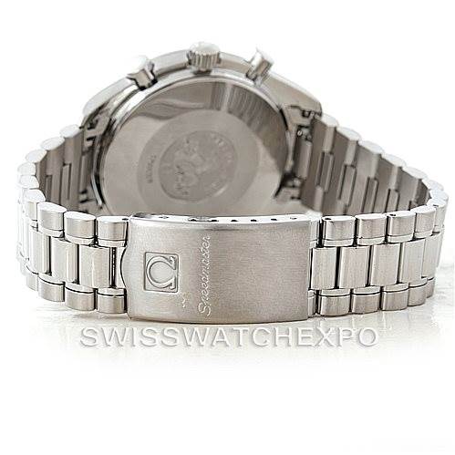 The image shows the back view of an Omega Speedmaster 3510.50.00 Men
s Stainless Steel Black Dial 3510.50.00 Men
s Stainless Steel Black Dial watch, focusing on the clasp and part of the bracelet.