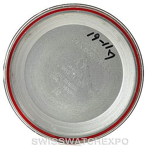 The image shows the inside of an Omega Speedmaster 3510.50.00 Men
s Stainless Steel Black Dial 3510.50.00 Men
s Stainless Steel Black Dial watch case back, including engravings and handwritten markings.