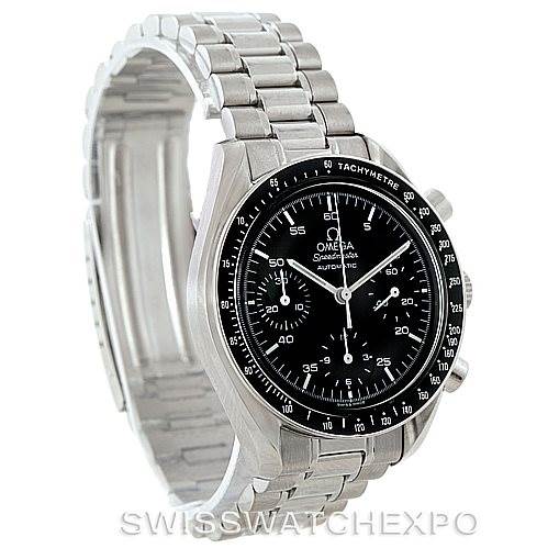 This image shows an Omega Speedmaster 3510.50.00 Men
s Stainless Steel Black Dial 3510.50.00 Men
s Stainless Steel Black Dial watch from a front-left angle, highlighting the face, bezel, and stainless steel bracelet.