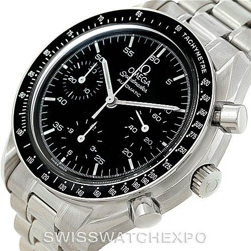 The image displays an angled view of an Omega Speedmaster 3510.50.00 Men
s Stainless Steel Black Dial 3510.50.00 Men
s Stainless Steel Black Dial watch, showcasing its black dial, chronograph subdials, tachymeter bezel, and metal bracelet.