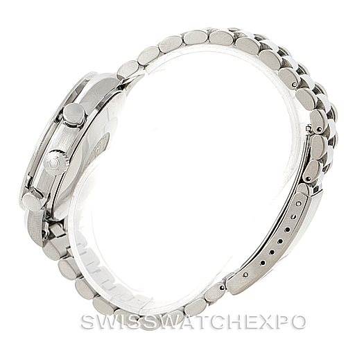 The image shows a side view of an Omega Speedmaster 3510.50.00 Men
s Stainless Steel Black Dial 3510.50.00 Men
s Stainless Steel Black Dial watch, highlighting its stainless steel case and bracelet.