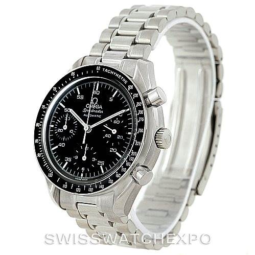 The image shows an Omega Speedmaster 3510.50.00 Men
s Stainless Steel Black Dial 3510.50.00 Men
s Stainless Steel Black Dial watch at a slight angle, highlighting its face, bezel, chronograph buttons, and stainless steel bracelet.
