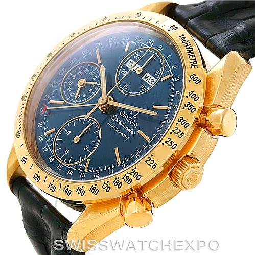 The image shows an Omega Speedmaster 3621.80.00 Men's Yellow Gold Blue Dial 3621.80.00 Men's Yellow Gold Blue Dial watch at an angled side view, highlighting its gold case, blue dial, and chronograph subdials.
