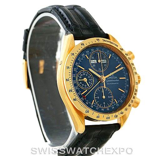 This side view shows the Omega Speedmaster 3621.80.00 Men's Yellow Gold Blue Dial 3621.80.00 Men's Yellow Gold Blue Dial's gold case, black dial, subdials, and black leather strap.