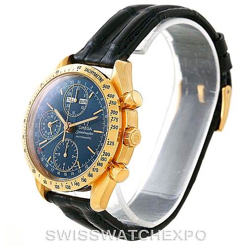 The image shows an Omega Speedmaster 3621.80.00 Men's Yellow Gold Blue Dial 3621.80.00 Men's Yellow Gold Blue Dial watch at an angle, depicting the face, bezel, crown, pushers, and black leather strap.