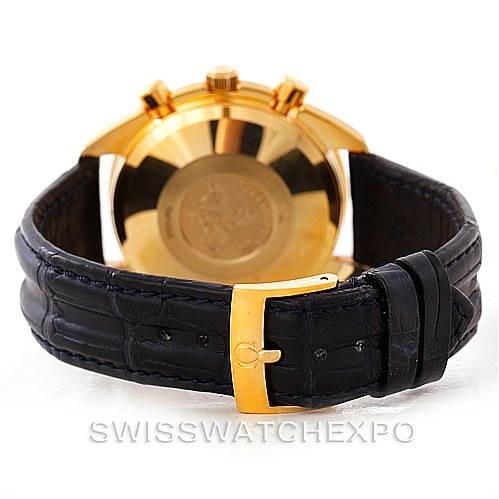 The image shows the back view of an Omega Speedmaster 3621.80.00 Men's Yellow Gold Blue Dial 3621.80.00 Men's Yellow Gold Blue Dial watch, focusing on its case back and black leather strap with a gold buckle.