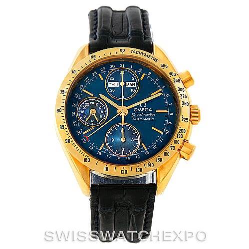 This image shows an Omega Speedmaster 3621.80.00 Men's Yellow Gold Blue Dial 3621.80.00 Men's Yellow Gold Blue Dial watch from a front view, featuring gold casing, three subdials, and a black leather strap.