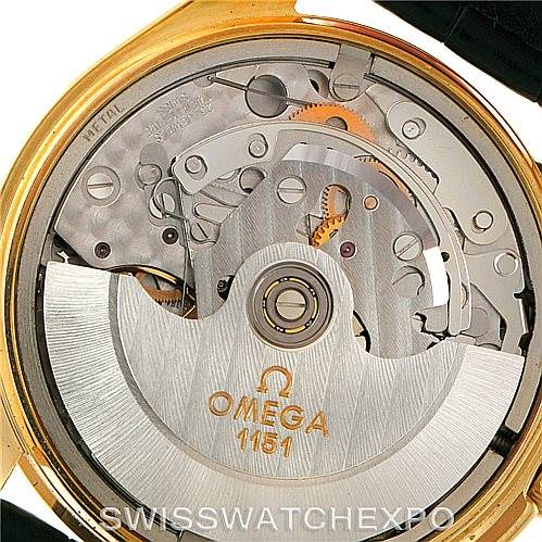 The image shows the open caseback view of an Omega Speedmaster 3621.80.00 Men's Yellow Gold Blue Dial 3621.80.00 Men's Yellow Gold Blue Dial, revealing its mechanical movement and caliber 1151.