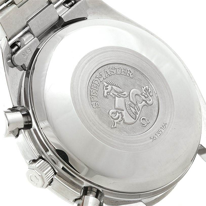 This image shows the caseback and parts of the bracelet attachment of an Omega Speedmaster 3513.80.00 Men
s Stainless Steel Blue Dial 3513.80.00 Men
s Stainless Steel Blue Dial watch.