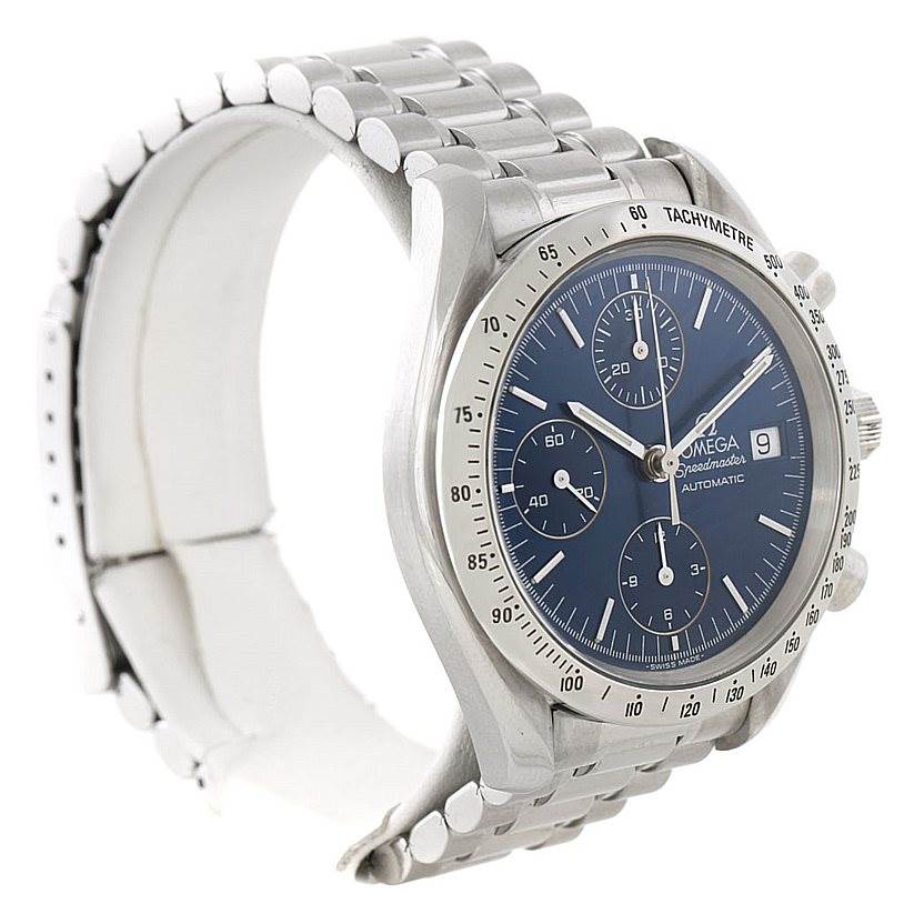 The image shows an Omega Speedmaster 3513.80.00 Men
s Stainless Steel Blue Dial 3513.80.00 Men
s Stainless Steel Blue Dial watch at a three-quarter angle, highlighting the dial, bracelet, and tachymeter bezel.
