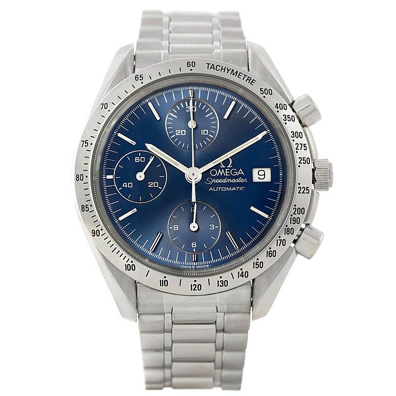The image shows a front view of an Omega Speedmaster 3513.80.00 Men
s Stainless Steel Blue Dial 3513.80.00 Men
s Stainless Steel Blue Dial watch, displaying its dial, bezel, and bracelet.