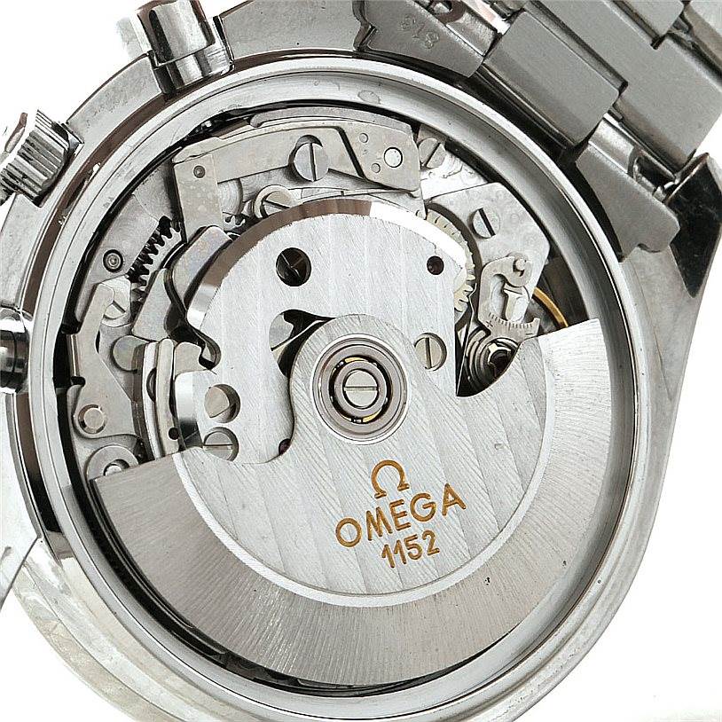 This image shows the Omega Speedmaster 3513.80.00 Men
s Stainless Steel Blue Dial 3513.80.00 Men
s Stainless Steel Blue Dial
s movement mechanism from the rear, highlighting its intricate inner components.