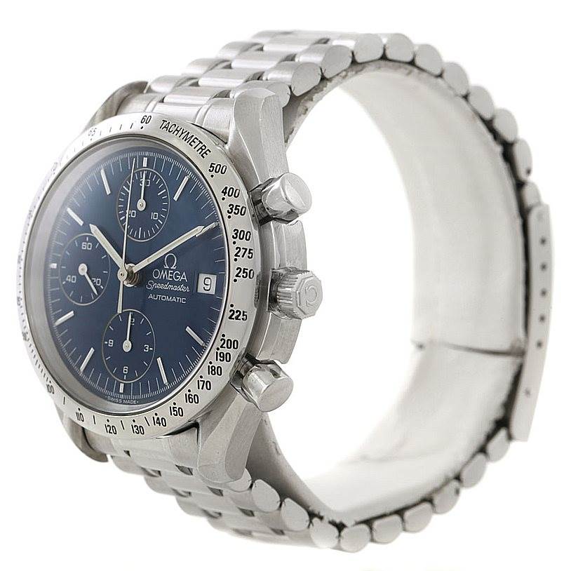The Omega Speedmaster 3513.80.00 Men
s Stainless Steel Blue Dial 3513.80.00 Men
s Stainless Steel Blue Dial watch is shown from a three-quarter front angle, highlighting the face, crown, pushers, and bracelet.