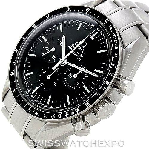The Omega Speedmaster 3570.50.00 Men
s Stainless Steel Black Dial 3570.50.00 Men
s Stainless Steel Black Dial watch is shown at an angled view, highlighting the black dial, subdials, bezel, crown, and stainless steel bracelet.