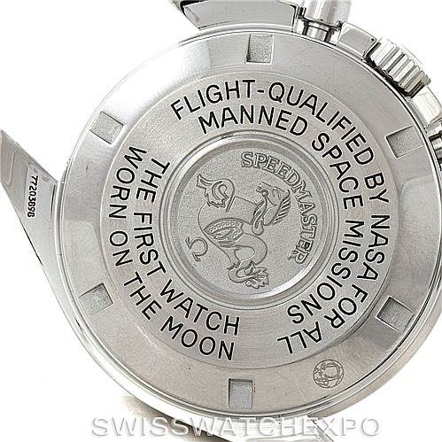 The image shows the case back of an Omega Speedmaster 3570.50.00 Men
s Stainless Steel Black Dial 3570.50.00 Men
s Stainless Steel Black Dial watch, highlighting its space mission qualifications and moon landing inscription.