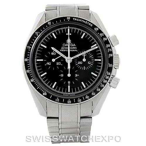 This is a front view of the Omega Speedmaster 3570.50.00 Men
s Stainless Steel Black Dial 3570.50.00 Men
s Stainless Steel Black Dial watch displaying its dial, bezel, crown, and bracelet.