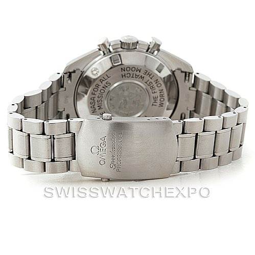 This image shows the back of the Omega Speedmaster 3570.50.00 Men
s Stainless Steel Black Dial 3570.50.00 Men
s Stainless Steel Black Dial watch, including the clasp and bracelet, as well as the case back engraving.