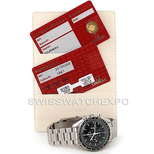 The image shows an Omega Speedmaster 3570.50.00 Men
s Stainless Steel Black Dial 3570.50.00 Men
s Stainless Steel Black Dial watch, viewed from the front, along with its warranty cards and a cardholder.