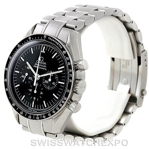 The Omega Speedmaster 3570.50.00 Men
s Stainless Steel Black Dial 3570.50.00 Men
s Stainless Steel Black Dial watch is shown at a 3/4 angle, displaying the face, bezel, and part of the stainless steel bracelet.
