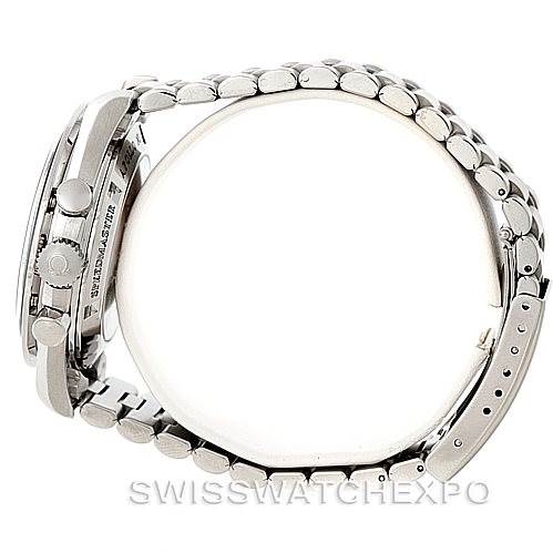 The Omega Speedmaster 3592.50.00 Men
s Stainless Steel Black Dial 3592.50.00 Men
s Stainless Steel Black Dial watch is shown from a side angle, highlighting the case, bezel, crown, pushers, and the bracelet.