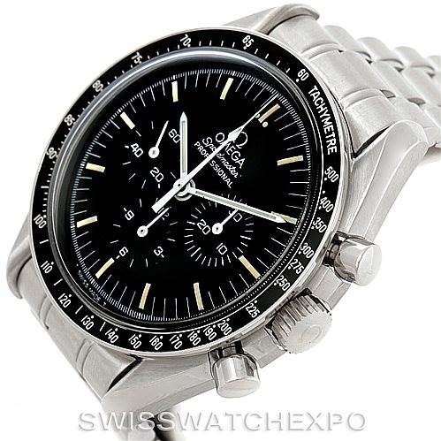 The Omega Speedmaster 3592.50.00 Men
s Stainless Steel Black Dial 3592.50.00 Men
s Stainless Steel Black Dial watch is shown from a 3 o
clock angle, highlighting the face, bezel, crown, and pushers.